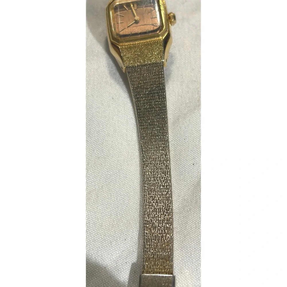 Vintage SEIKO Gold Tone Tank‎ Watch Women Copper Dial Mesh Band Art Deco Petite